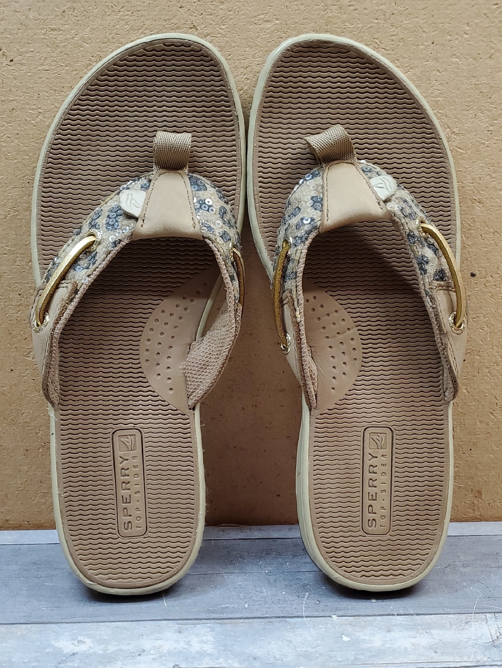 Sperry Top Sider Sequin Brown Leather Slip On Thong 9303116 Size 7 M